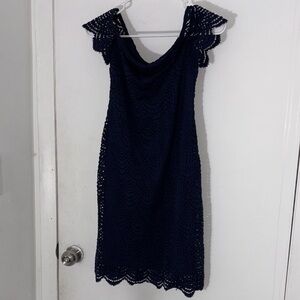 Sold Lilly Pulitzer Navy Crocheted Off-Shoulder Midi Dress